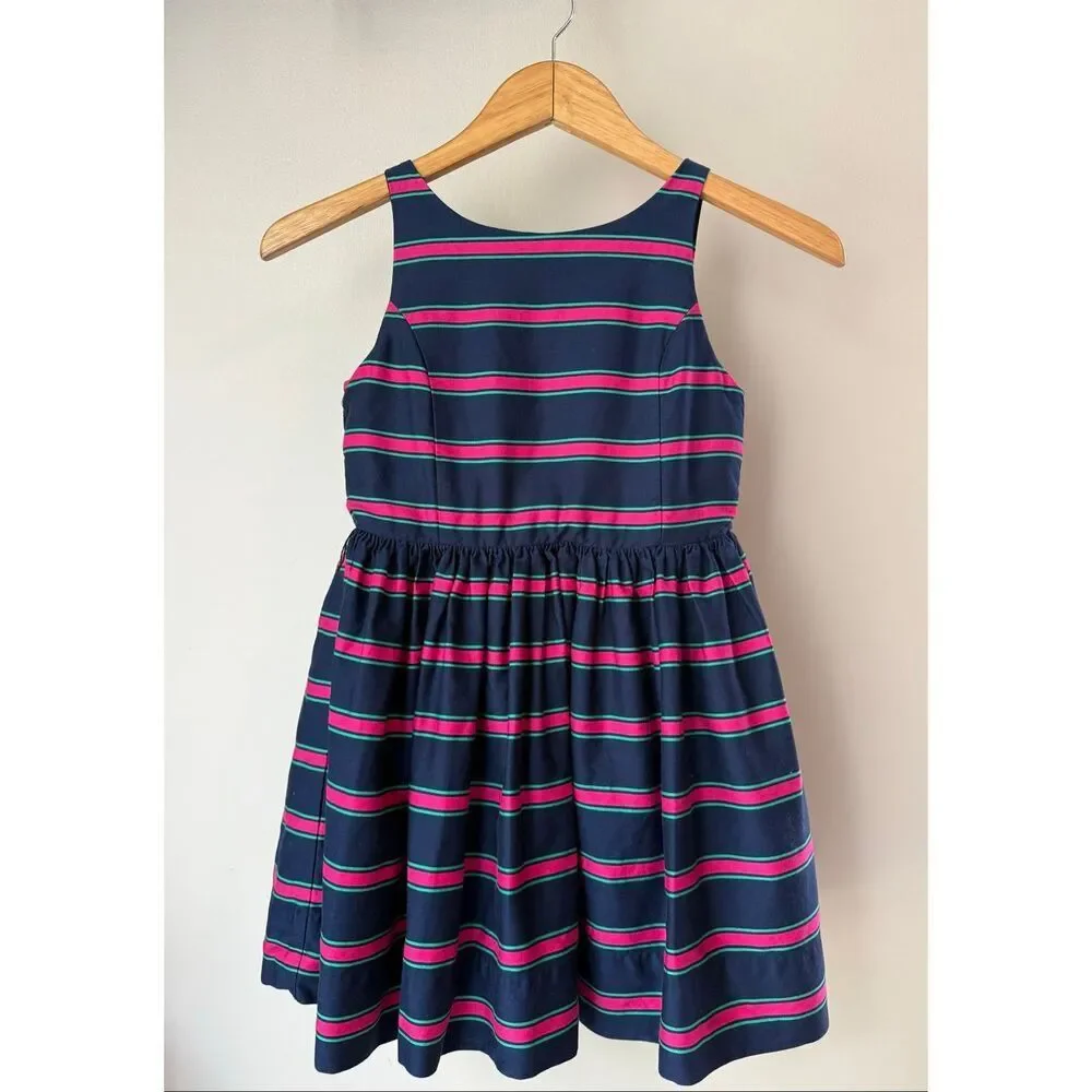 Ralph Lauren Navy Blue Striped Button Back Fit And Flare Dress Size 8 Girls